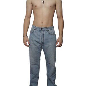 Versace Men's Light Blue Denim Jeans Medusa Pebbled Leather 2017 Sz 44 Finn Fit